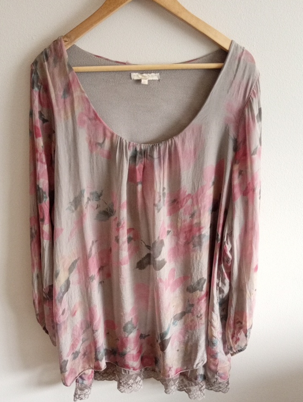 Prontomoda Giusy Silk Floral Scoop Neck Long-Sleeve Blouse Size 1X